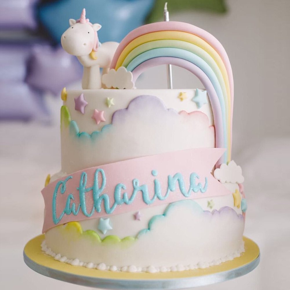 Cute Unicorn Cake Designs : Pink Cake with gold tree, sphere & unicorn